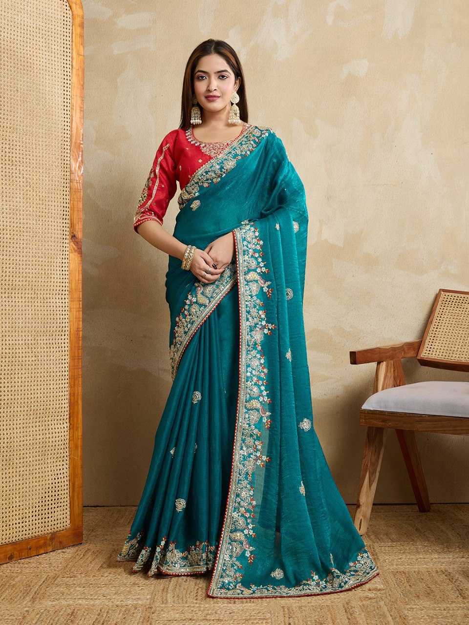 Premium Blue Fendy Chiffon Silk Saree with Heavy Embroidery & Mono Banglory Blouse – Perfect Wedding & Festive Wear