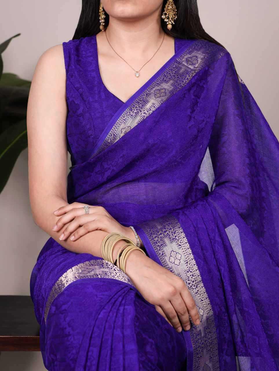 Blue Poly Shimmer Saree with Zari Weaving Border & Matching Blouse | Traditional & Festive Wear Saree - House of ViDi
