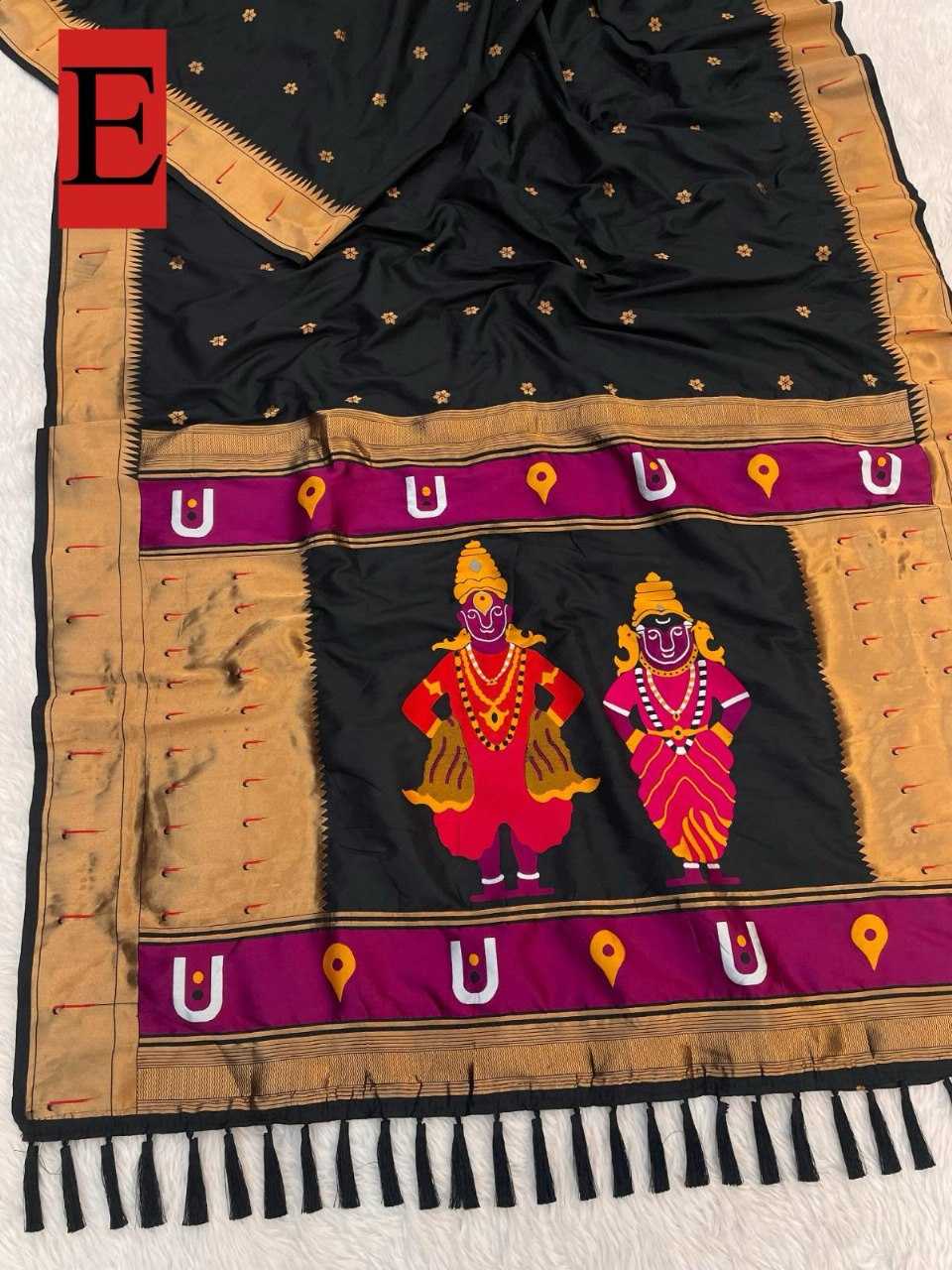 Vitthala Paithani Silk Saree with Muniya Border & Brocade Blouse – Traditional Wedding & Festive Wear [Black] - House of ViDi