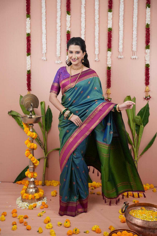 Narayanpet Soft Silk Saree with Zari Motifs & Contrast Pallu – Narayan Border & Contrast Blouse [Rama] - House of ViDi
