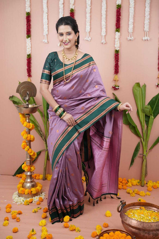 Narayanpet Soft Silk Saree with Zari Motifs & Contrast Pallu – Narayan Border & Contrast Blouse [Onion] - House of ViDi