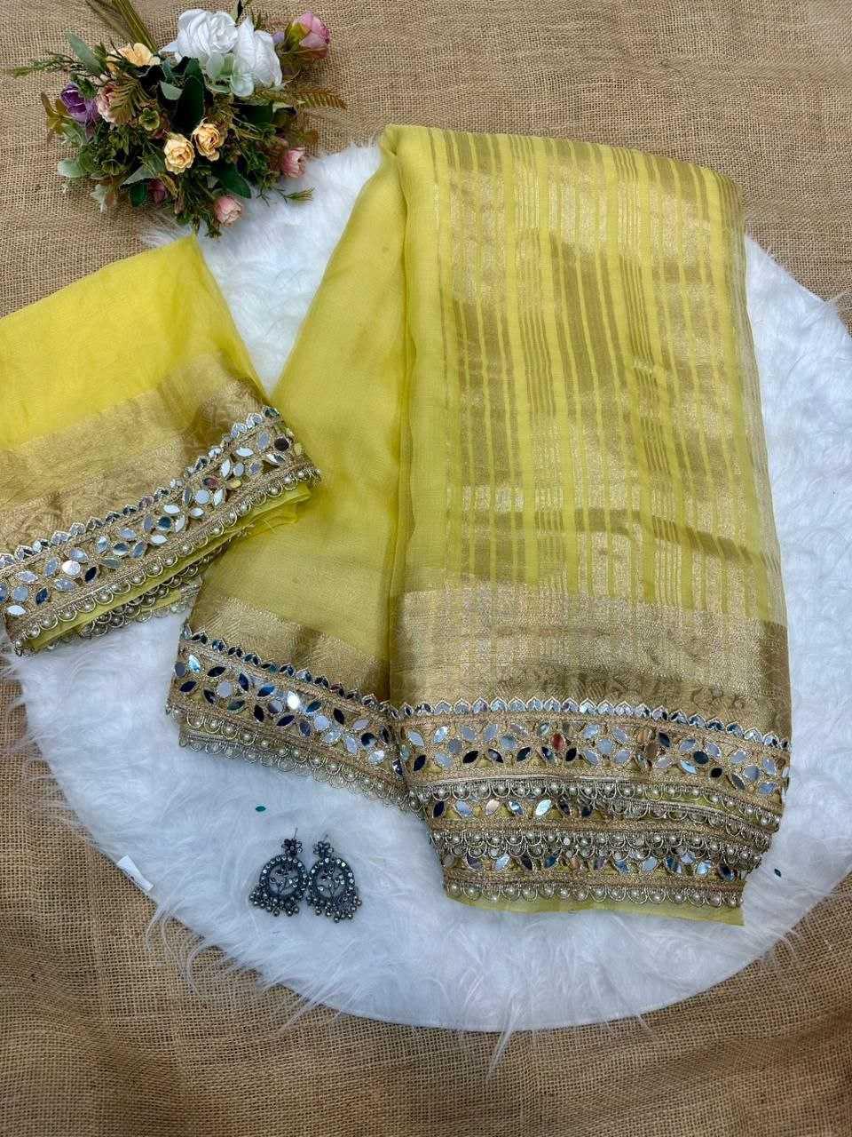 Mustard Yellow Tussar Organza Saree with Mirror Work - House of ViDi