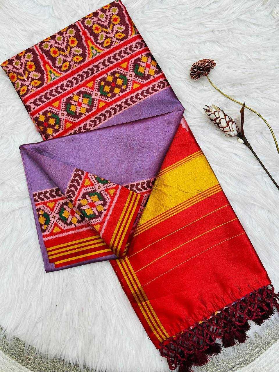 Lavender Pure Patola Silk Saree with Double Ikkat Print, Lagadi Pallu & Zari Border | Premium Soft Silk Saree - House of ViDi