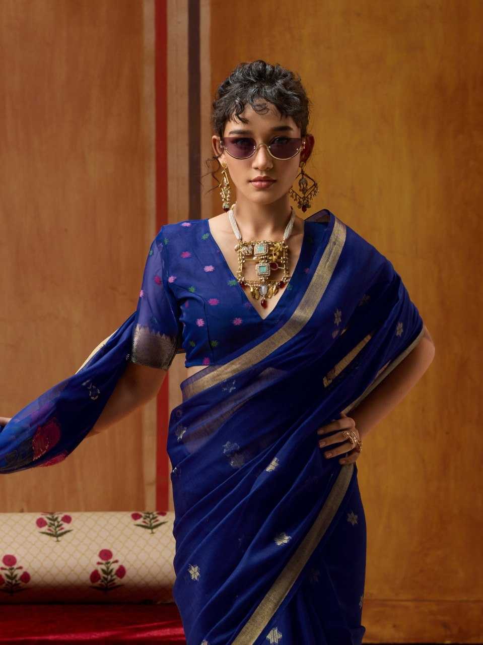 Blue Handloom Silk Saree with Organza Pallu & Woven Design - House of ViDi