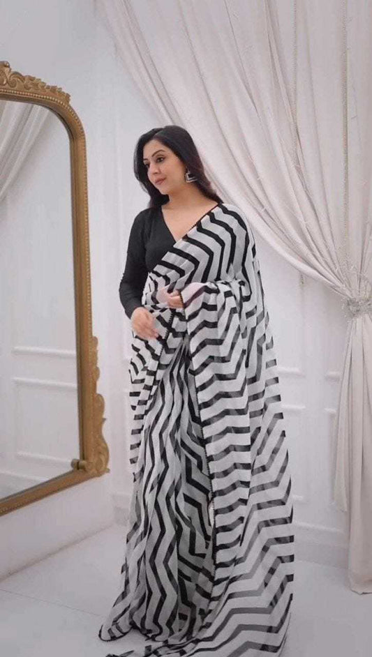 Black & White Printed Georgette Saree with Fancy Lace Border & Satin Blouse – Festive & Party Wear - House of ViDi