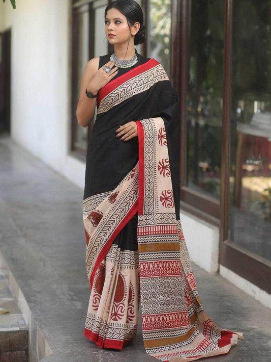 Soft Cotton Ajrakh Block Print Saree – Pure Handloom Style with Unstitched Blouse [Charcoal Black] - House of ViDi