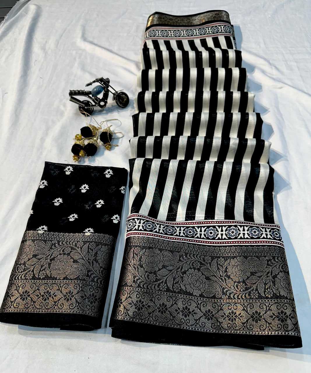 Black Soft Semi Dola Saree with Weaving Border & Contrast Blouse – Elegant Festive & Office Wear Saree