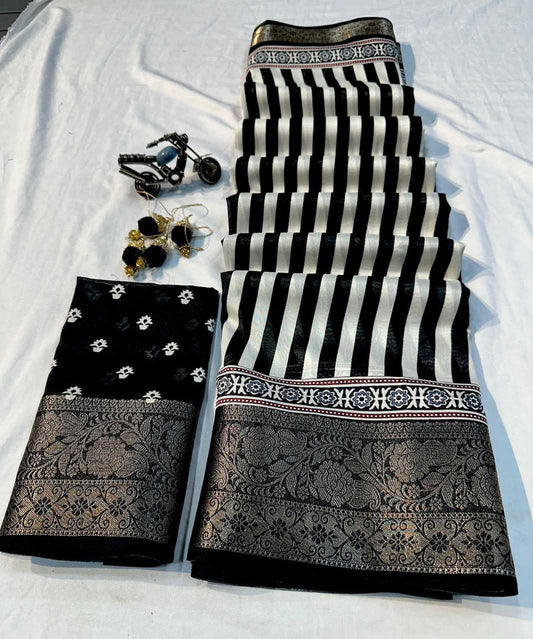 Black Soft Semi Dola Saree with Weaving Border & Contrast Blouse – Elegant Festive & Office Wear Saree - House of ViDi