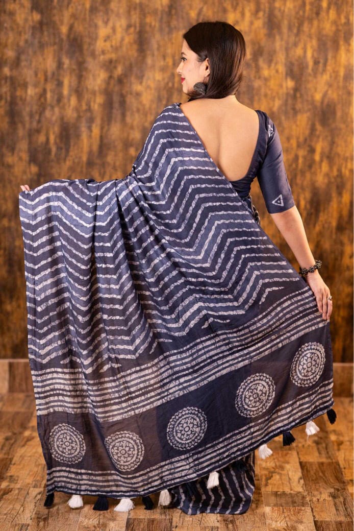 Navy Blue Chanderi Cotton Bagru Batik Printed Saree with Zig Zag Motifs & Tassel Pallu | House of ViDi