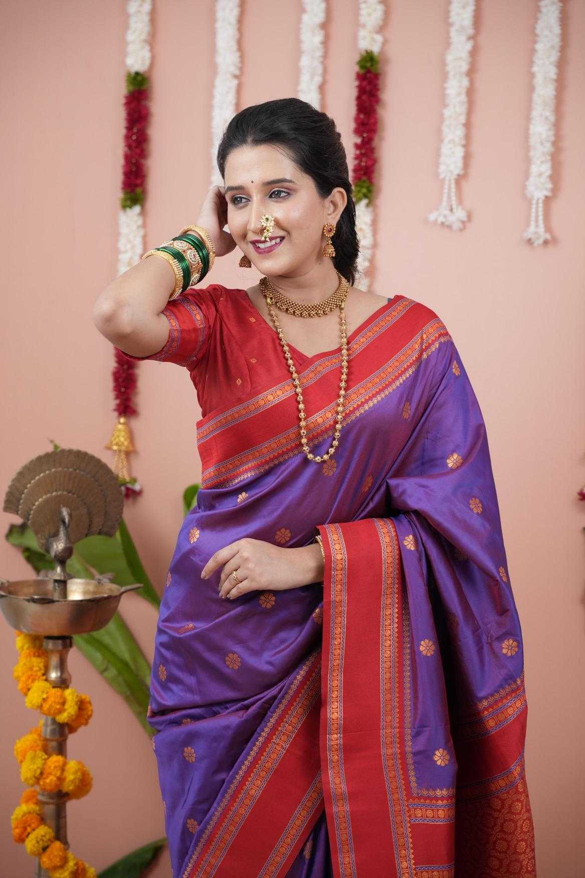 Narayanpet Soft Silk Saree with Zari Motifs & Contrast Pallu – Narayan Border & Contrast Blouse [Purple] - House of ViDi