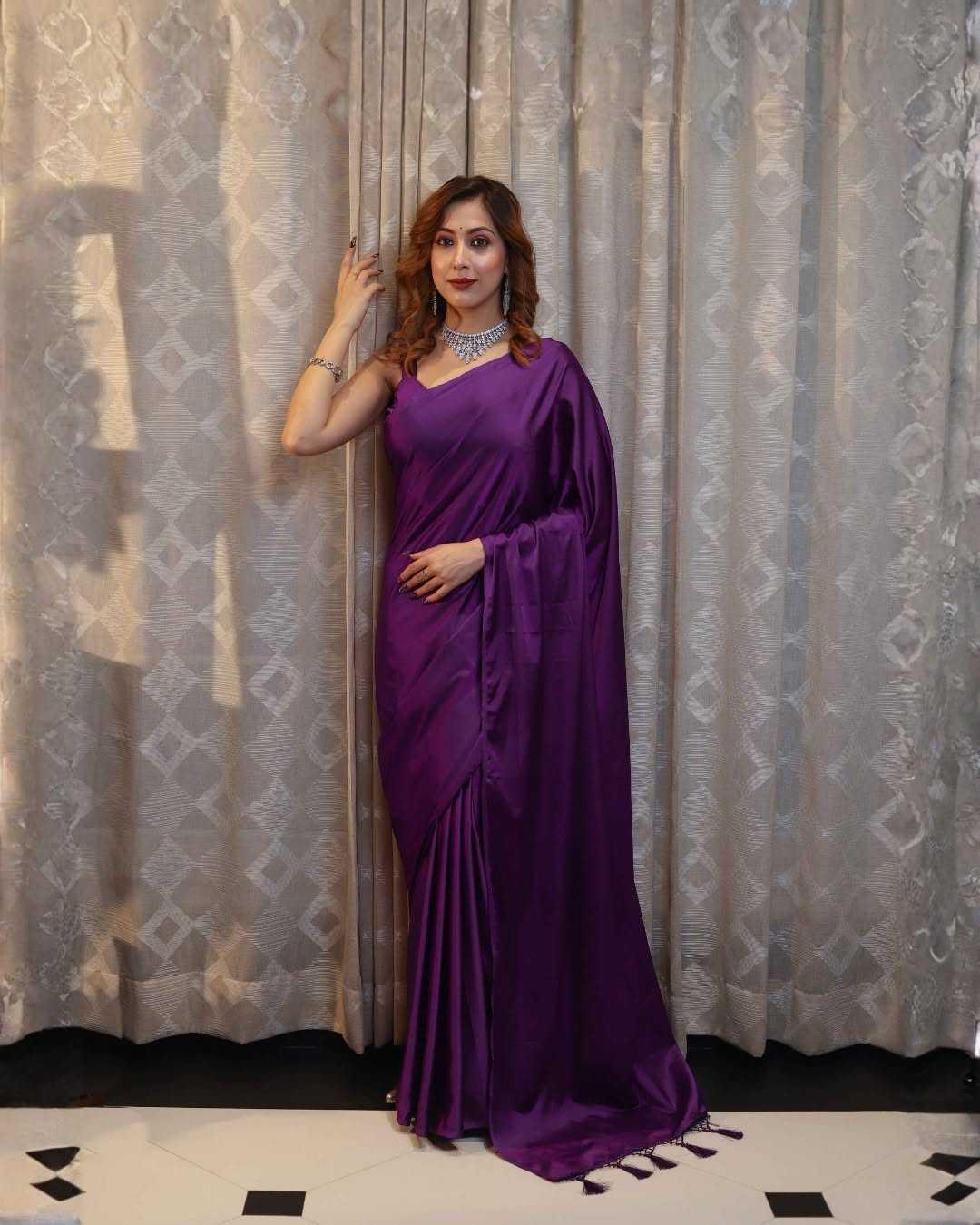 Purple Premium Party Wear Crepe Silk Saree with Matching Blouse - House of ViDi