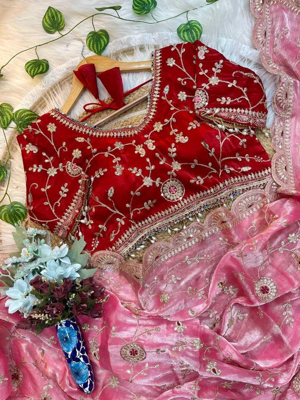 Red Fendy Satin Saree with Sequin Embroidery & Blouse - House of ViDi