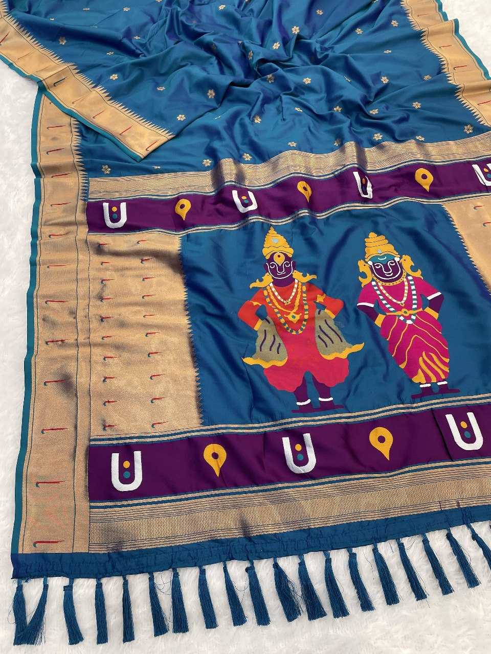 Vitthala Paithani Silk Saree with Muniya Border & Brocade Blouse – Traditional Wedding & Festive Wear [Peacock Blue] - House of ViDi