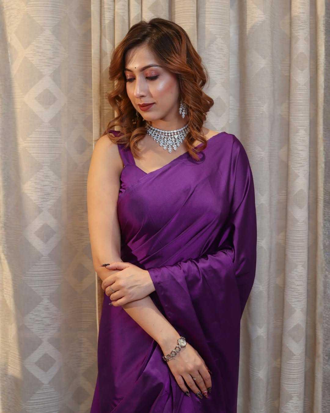 Purple Premium Party Wear Crepe Silk Saree with Matching Blouse - House of ViDi