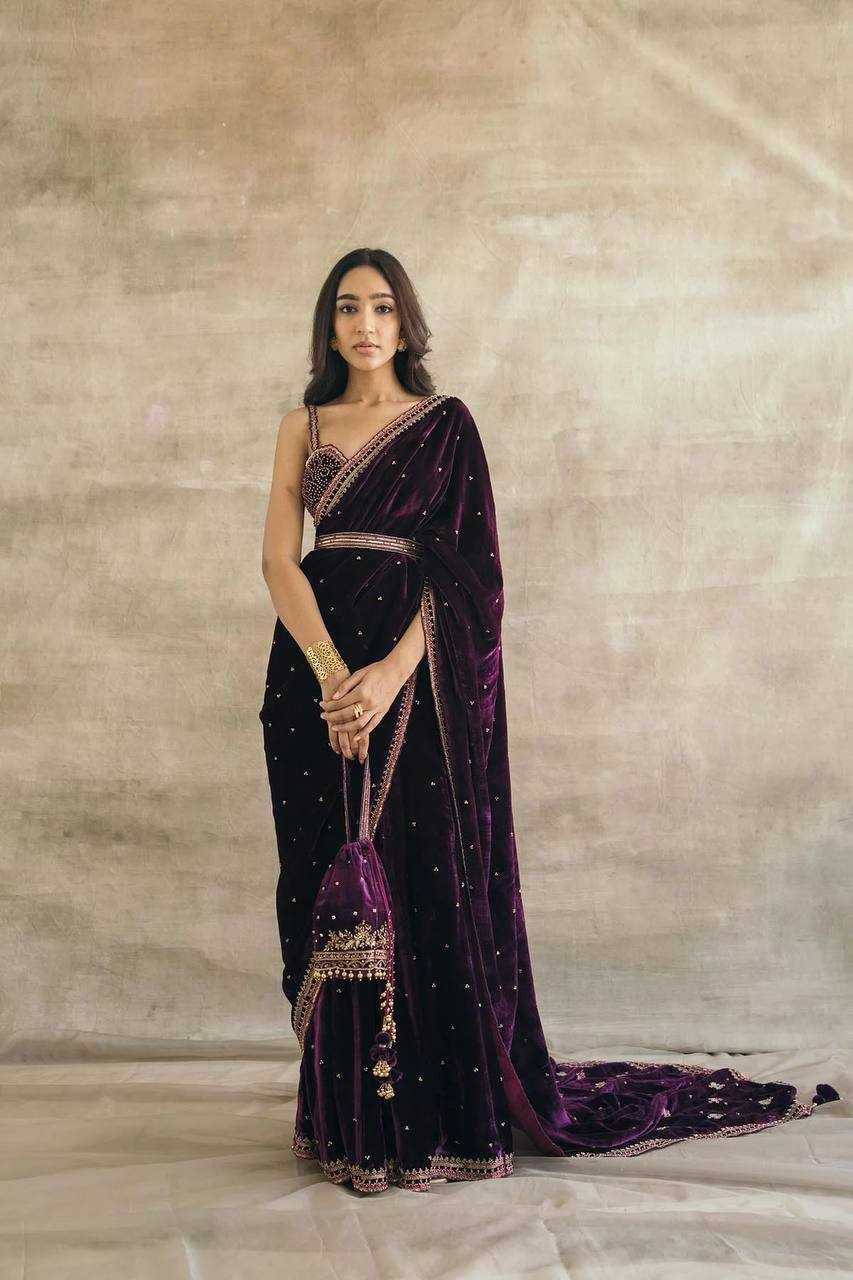 Wine Velvet Saree with Sequins, Dori & Thread Work + Velvet Blouse & Belt | Party Wear Saree | House of ViDi