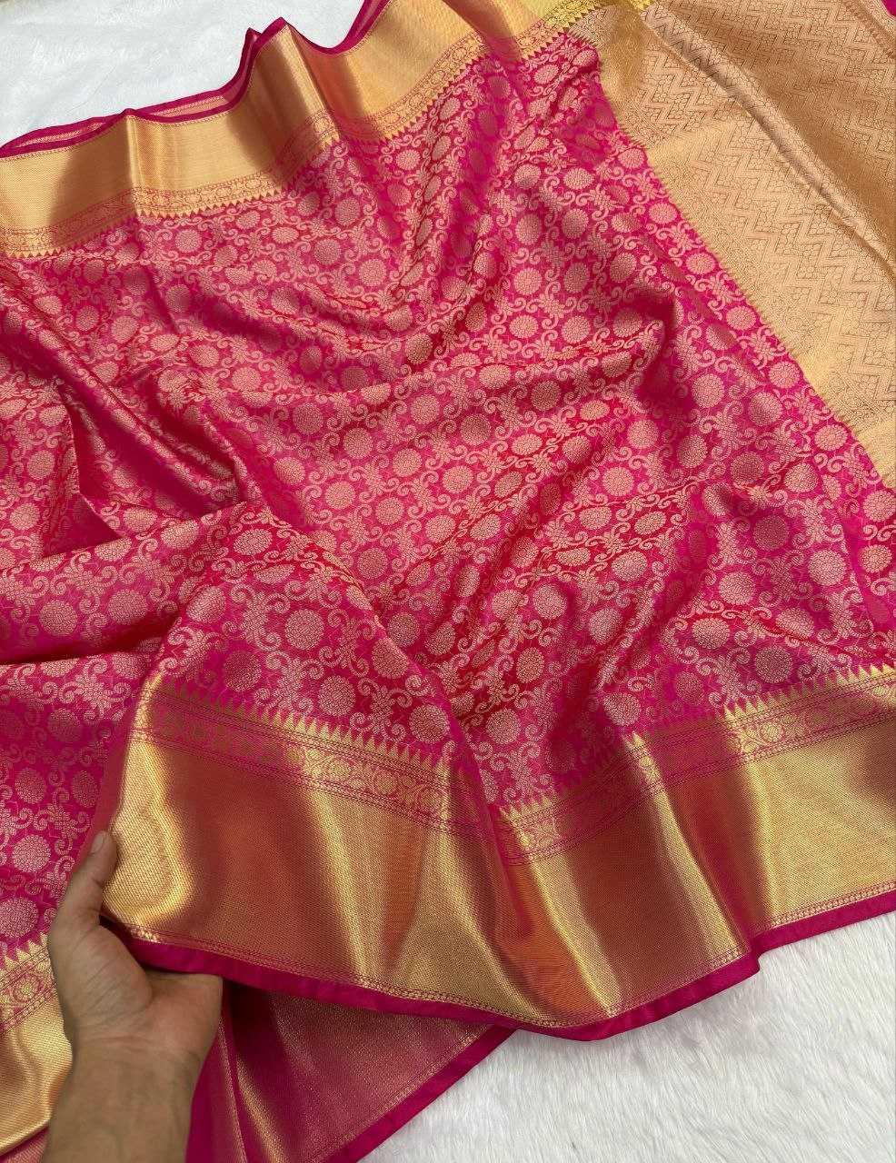 Shruti Haasan Inspired Pink Kanjivaram Tissue Silk Saree with Soft Zari Weaving & Brocade Blouse - House of ViDi