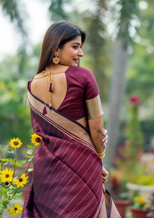 Banarasi Soft Silk Saree with Traditional Zari Border & Solid Jacquard Weave – Unstitched Blouse Included [Maroon] - House of ViDi