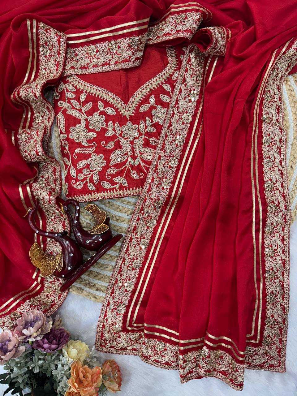 Soft Rangoli Silk Saree with Sequins & Dori Embroidery Border | Designer Banglori Silk Blouse | Party Wear Saree [Red]
