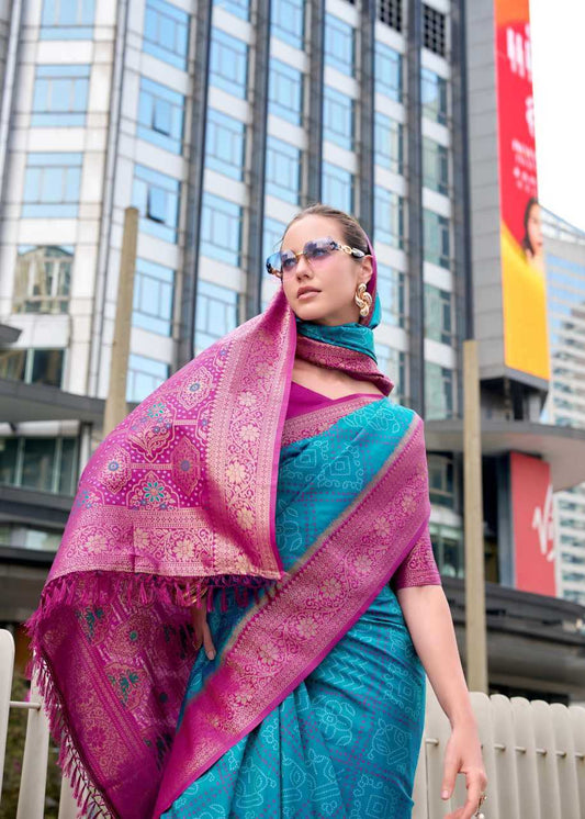 Blue Soft Silk Saree with Bandhani Weaving & Traditional Border | Designer Fancy Saree