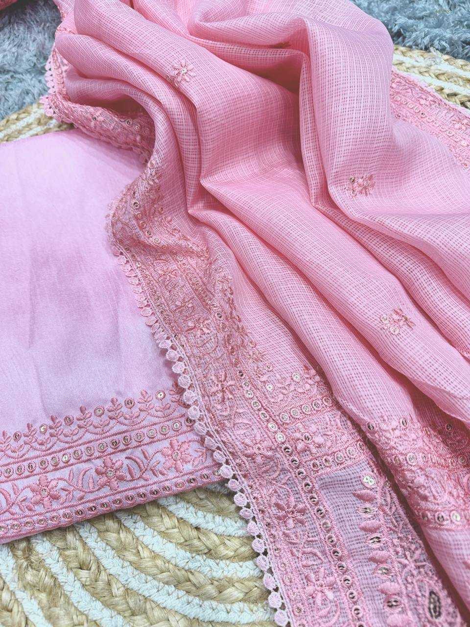 Soft Pink Kota Chex Designer Saree with Sequins & Thread Embroidery | Party Wear Saree | House of ViDi