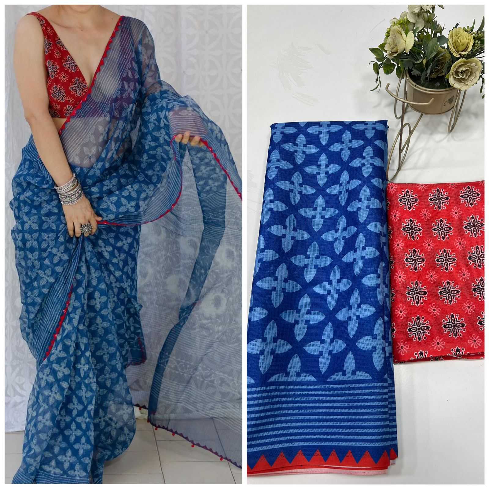 Navy Blue Soft Kota Cotton Printed Saree with Contrast Blouse - House of ViDi