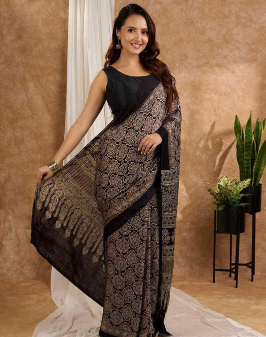 Party Wear Semi Gajji Silk Ajrakh Printed Saree with Rich Pallu & Blouse - House of ViDi