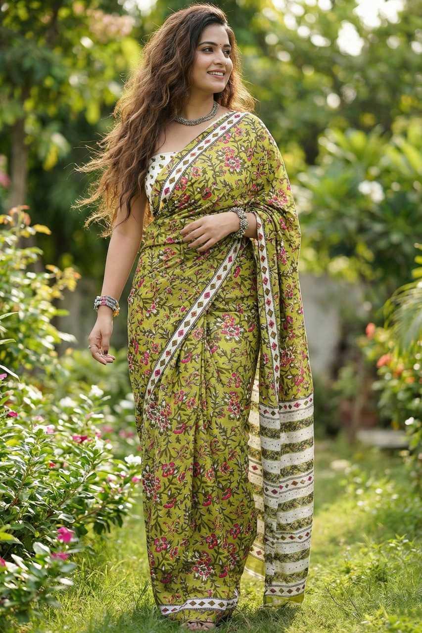 Green Premium Cotton Mulmul Ajrakh Bagru Printed Saree with Blouse - House of ViDi