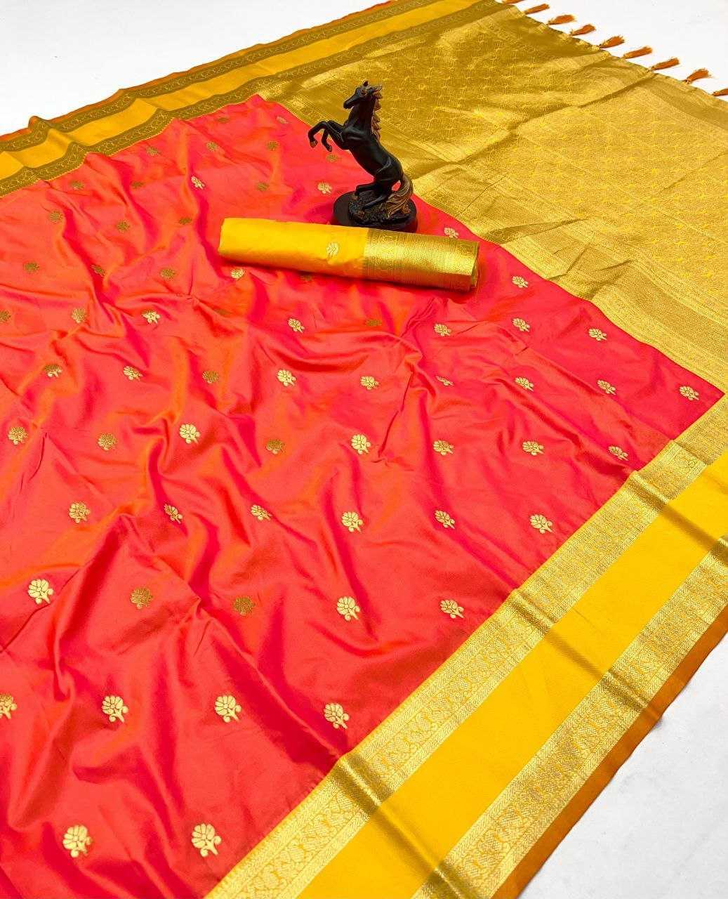 Orange Premium Soft Silk Kanjeevaram Saree with Dual Zari Butta, Rich Woven Pallu & Designer Silk Blouse - House of ViDi