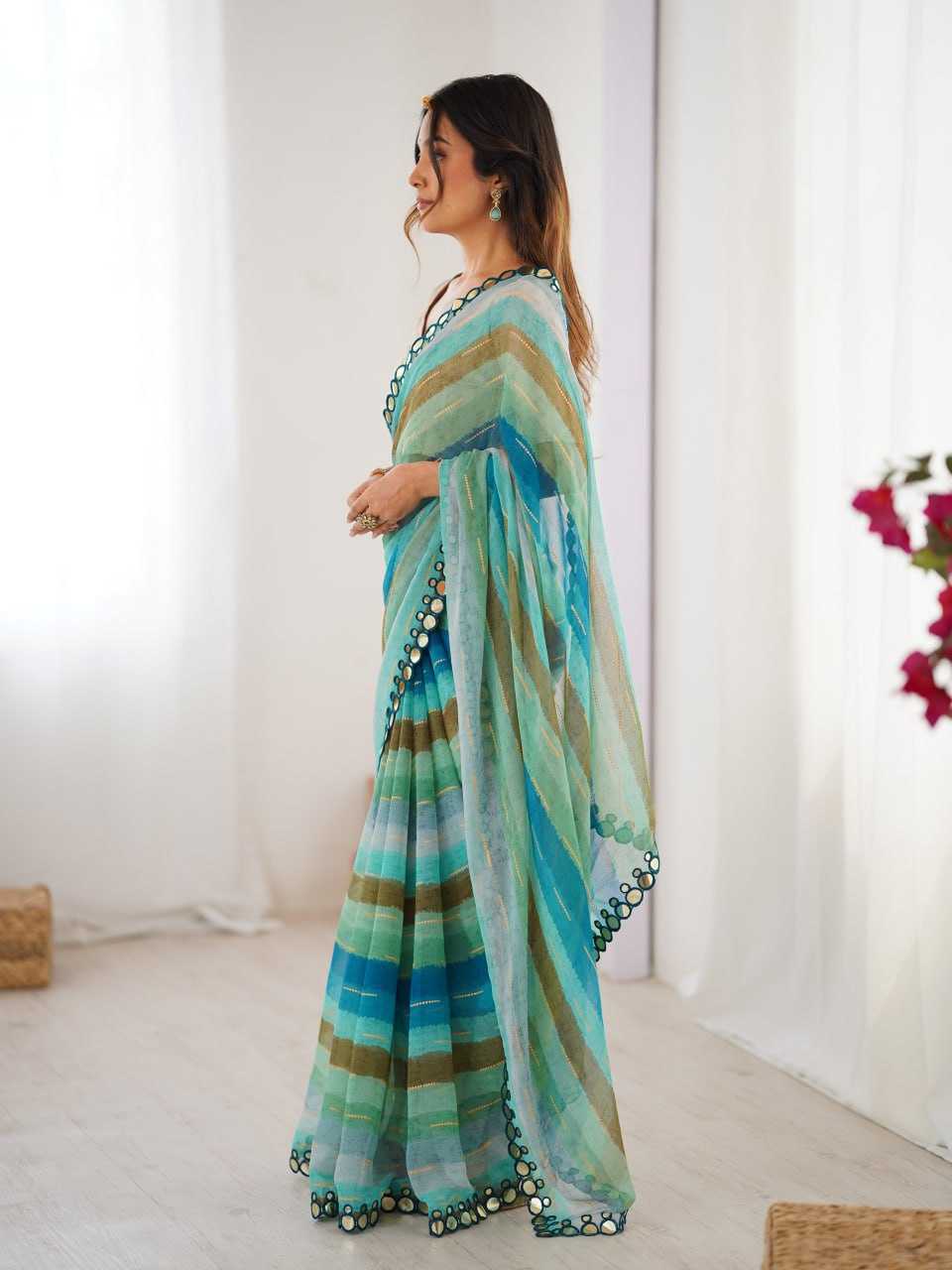 Sky Blue Heavy Marble Chiffon Lehriya Print Saree with Zari & Mirror Border – Elegant Festive & Party Wear Saree