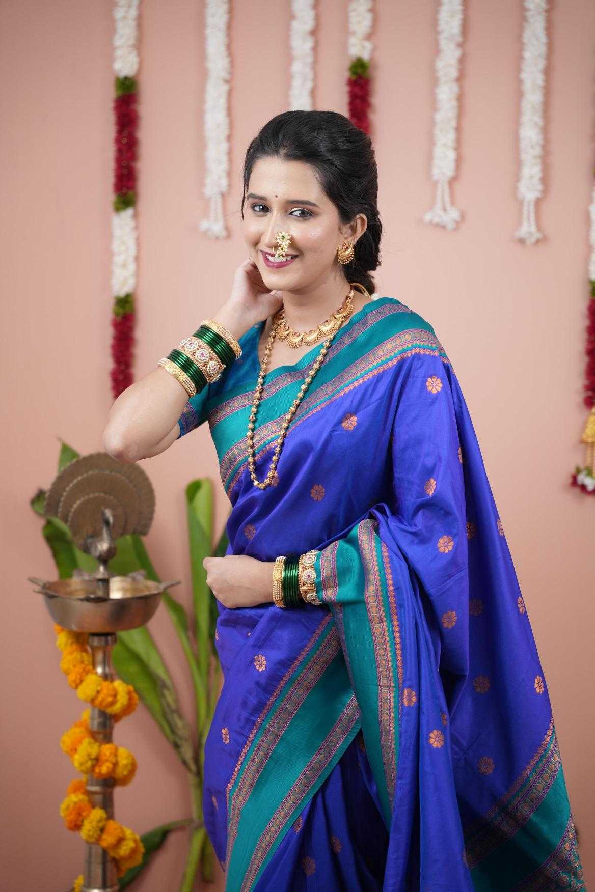 Narayanpet Soft Silk Saree with Zari Motifs & Contrast Pallu – Narayan Border & Contrast Blouse [Violet] - House of ViDi