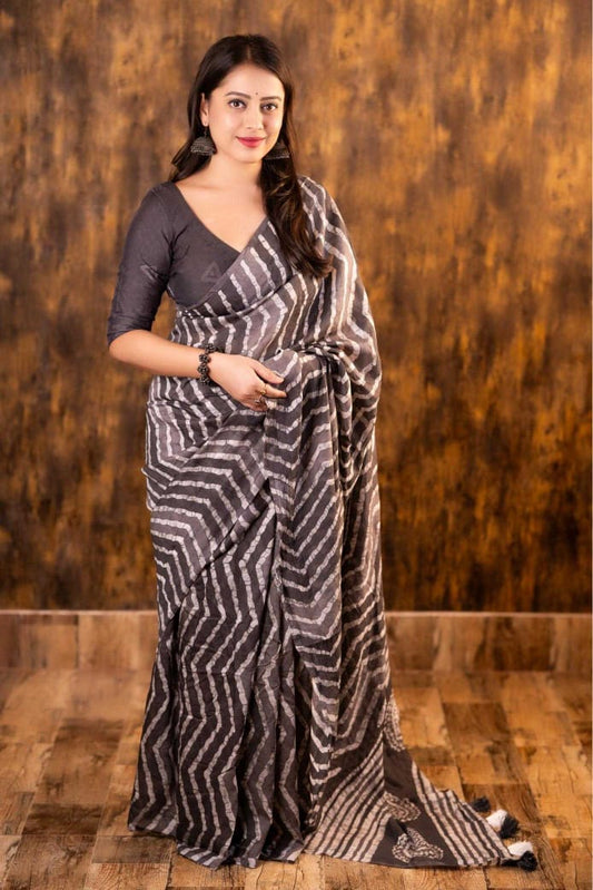 Grey Chanderi Cotton Bagru Batik Printed Saree with Zig Zag Motifs & Tassel Pallu | House of ViDi