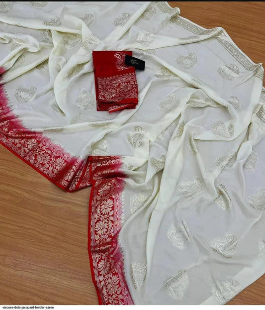 Russian Silk Jacquard Saree with Zari Weaving & Contrast Blouse – Festive Elegance [Pearl White] - House of ViDi