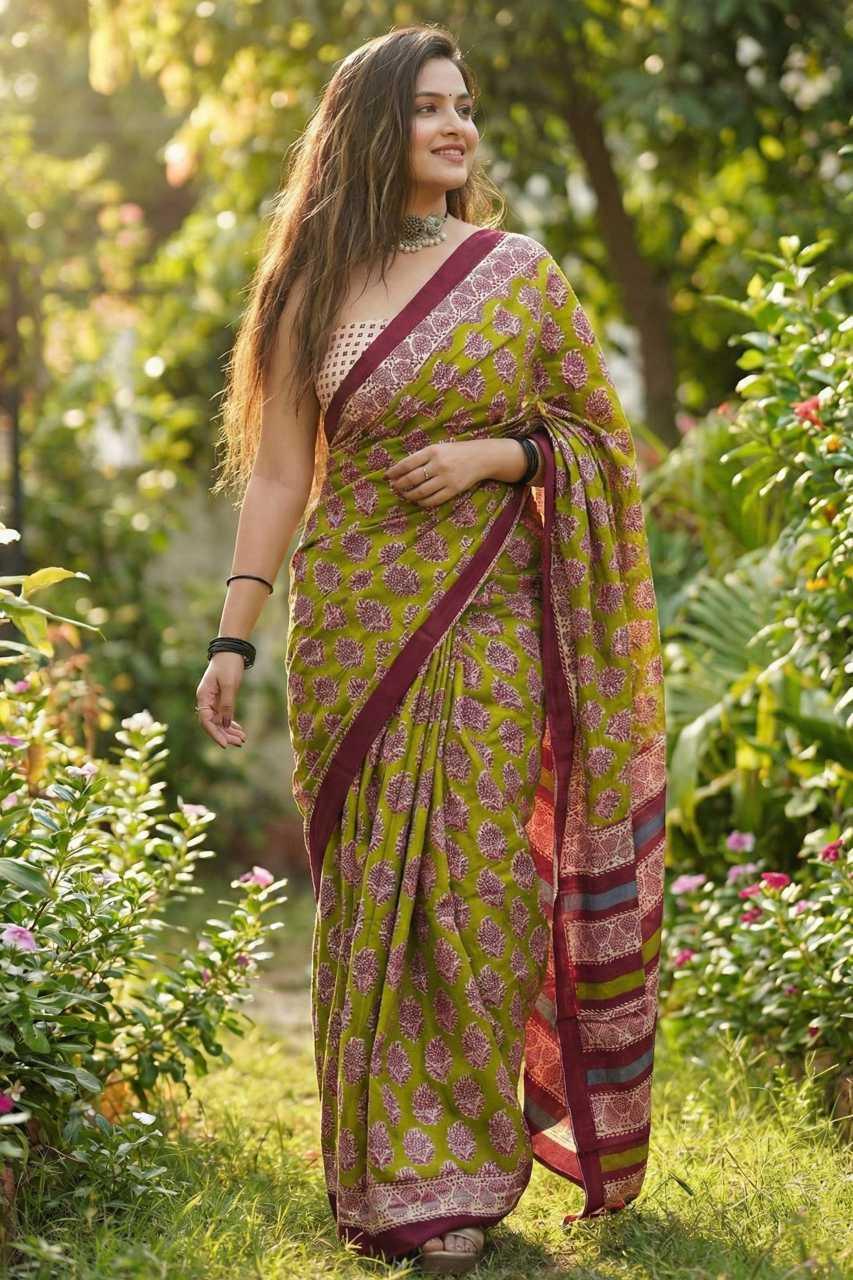 Mehndi Premium Ajrakh Bagru Block Print Cotton Mulmul Saree with Printed Blouse - House of ViDi