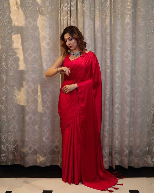 Red Premium Party Wear Crepe Silk Saree with Matching Blouse - House of ViDi
