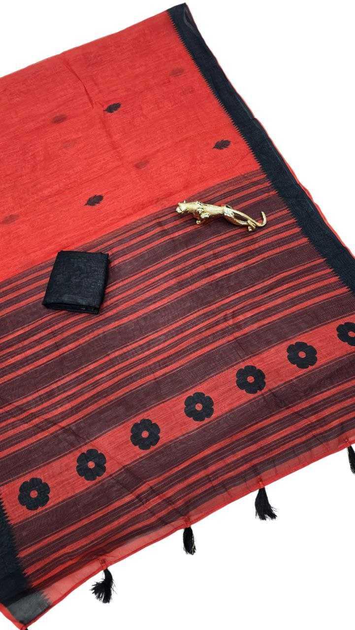 Red Premium Linen Cotton Digital Print Saree with Matching Blouse - House of ViDi