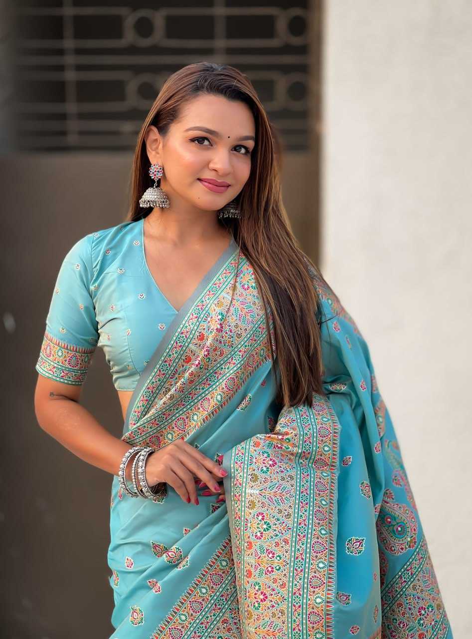 Luxury Pashmina Silk Saree with Golden Zari Work - Traditional Indian Wedding Saree with Unstitched Blouse Piece [Sky Blue] - House of ViDi