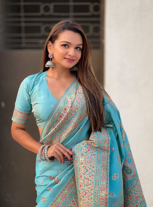 Luxury Pashmina Silk Saree with Golden Zari Work - Traditional Indian Wedding Saree with Unstitched Blouse Piece [Sky Blue] - House of ViDi