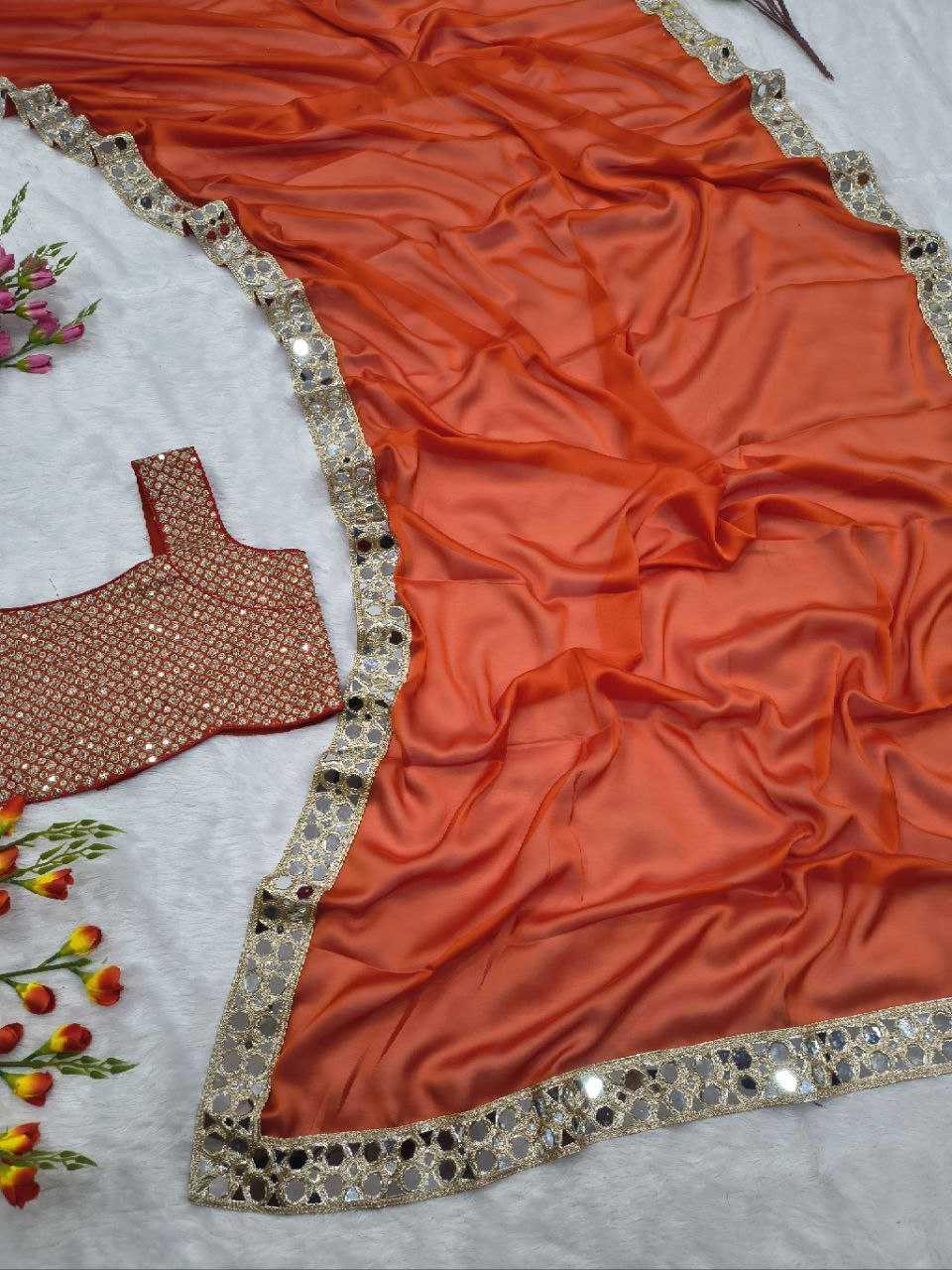 Premium Rangoli Silk Mirror Work Designer Saree with Embellished Border [Orange] - House of ViDi