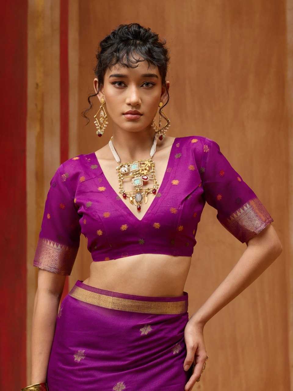 Purple Handloom Silk Saree with Organza Pallu & Woven Design - House of ViDi