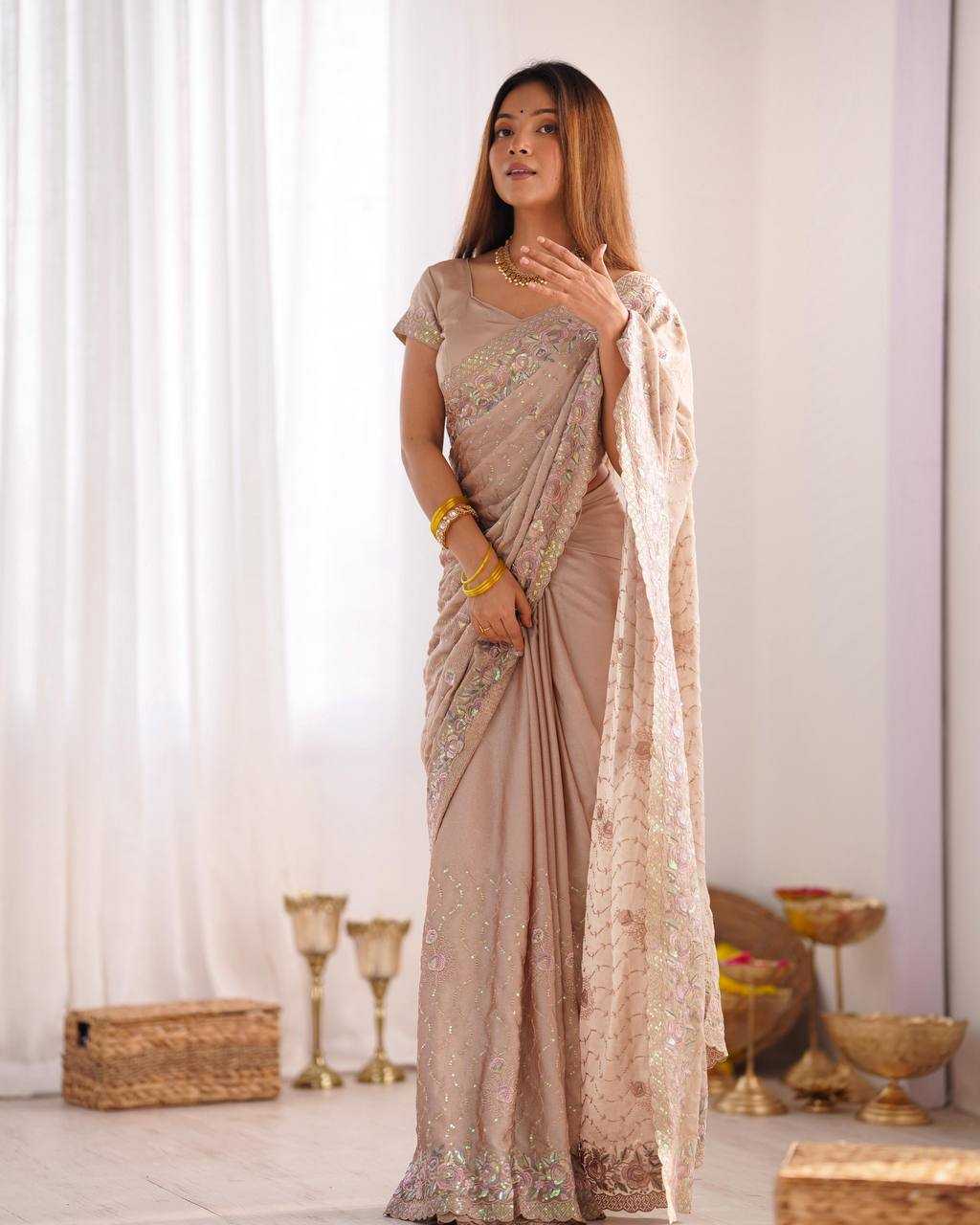 Pure Silky Crush Saree with Multicolor Sequins & Italian Diamond Work – Designer Party Wear Saree