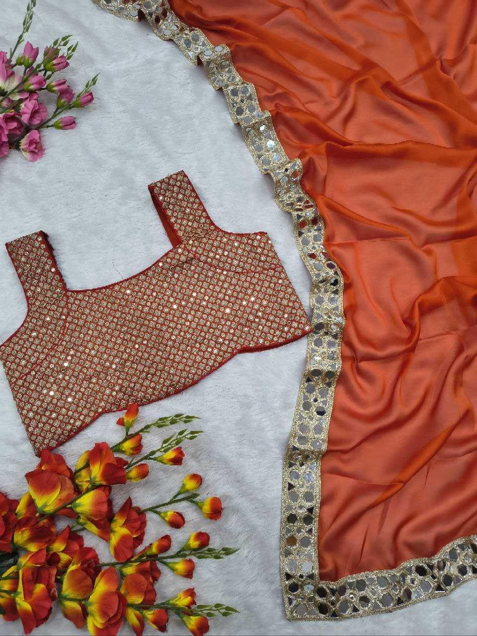 Premium Rangoli Silk Mirror Work Designer Saree with Embellished Border [Orange] - House of ViDi
