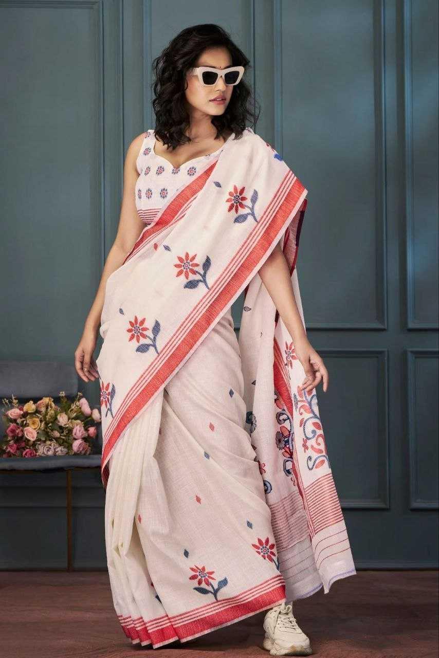Cream Premium Linen Digital Print Designer Saree with Matching Blouse - House of ViDi