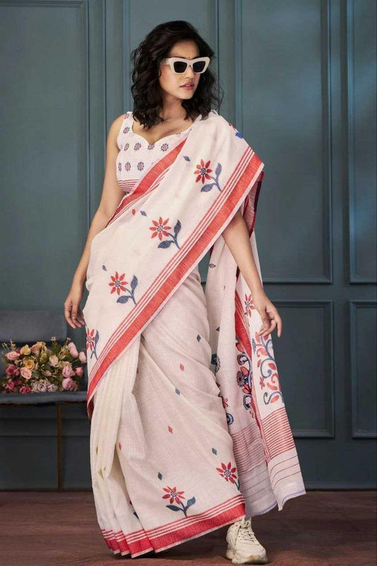 Cream Premium Linen Digital Print Designer Saree with Matching Blouse - House of ViDi