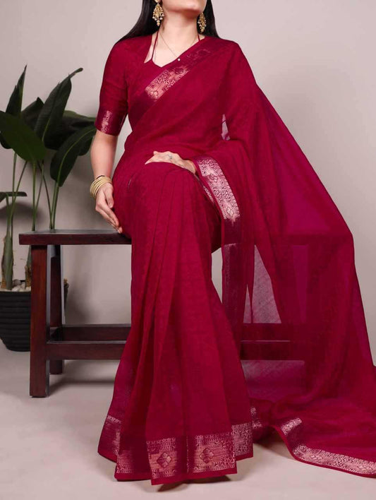 Rani Poly Shimmer Saree with Zari Weaving Border & Matching Blouse | Traditional & Festive Wear Saree - House of ViDi