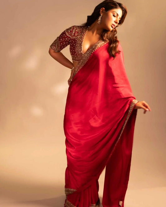 Red Rangoli Silk Party Wear Saree with Sequins & Embroidery Lace Border | Designer Fancy Saree - House of ViDi