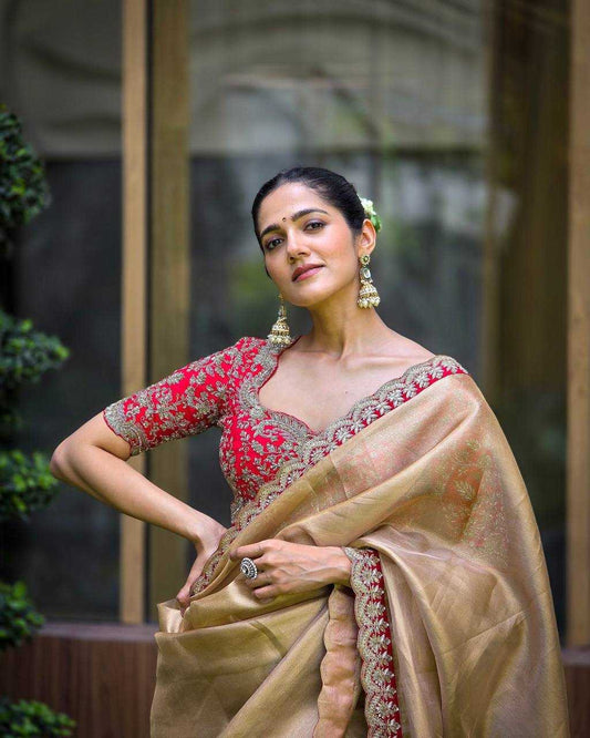 Premium Zoya Gold Tissue Saree – Sequin & Cording Embroidery with Heavy Banglori Blouse - House of ViDi