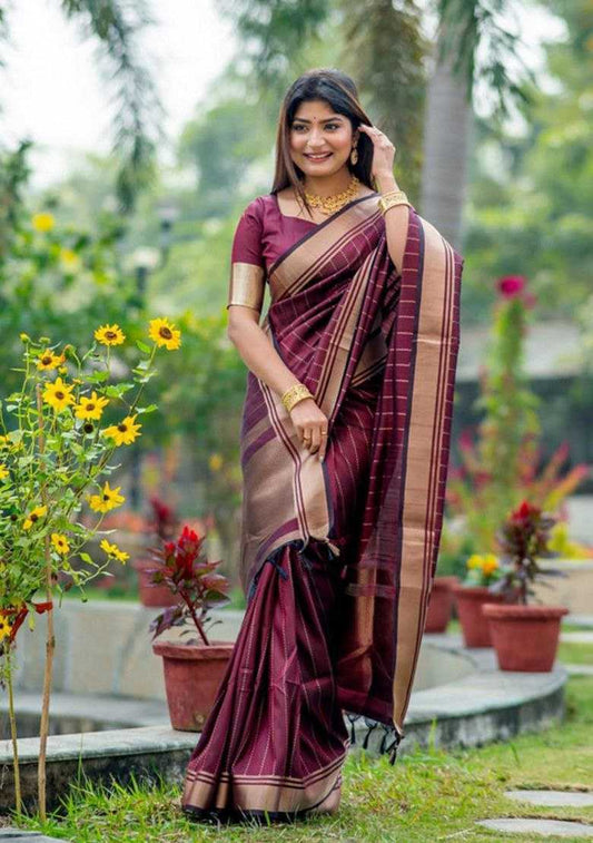 Banarasi Soft Silk Saree with Traditional Zari Border & Solid Jacquard Weave – Unstitched Blouse Included - House of ViDi
