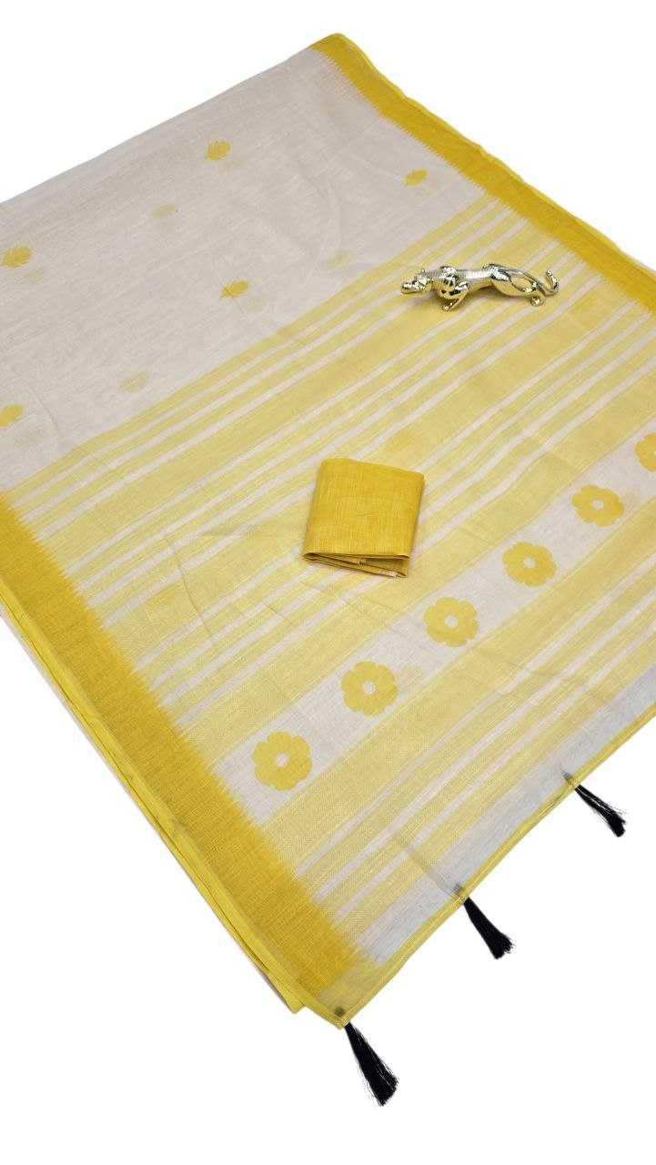 White Premium Linen Cotton Digital Print Saree with Matching Blouse - House of ViDi