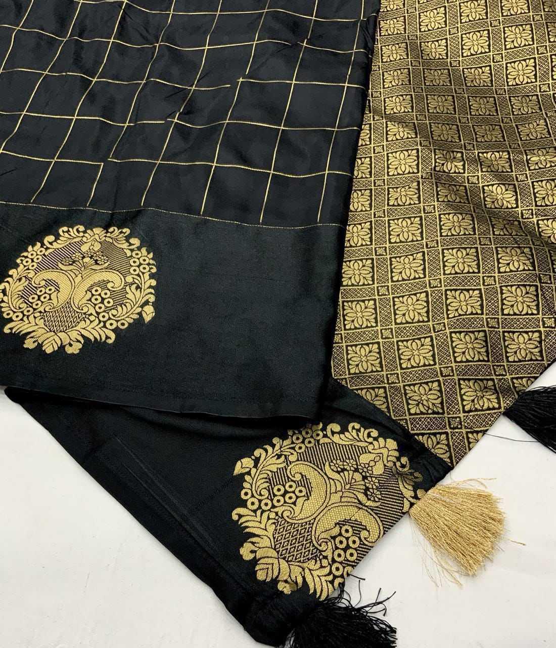 Black Premium Satin Silk Party Wear Saree with Zari Woven Border & Butta Design - House of ViDi