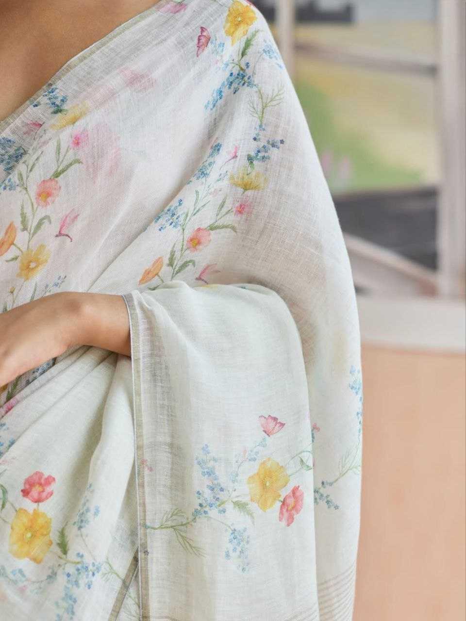Mint Green Premium Linen Digital Print Designer Saree with Matching Blouse - House of ViDi
